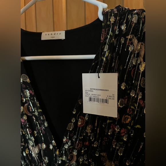 Sandro Paris Black Gold Sparkle Dress Moon Dog Floral Print - Picture 5 of 10